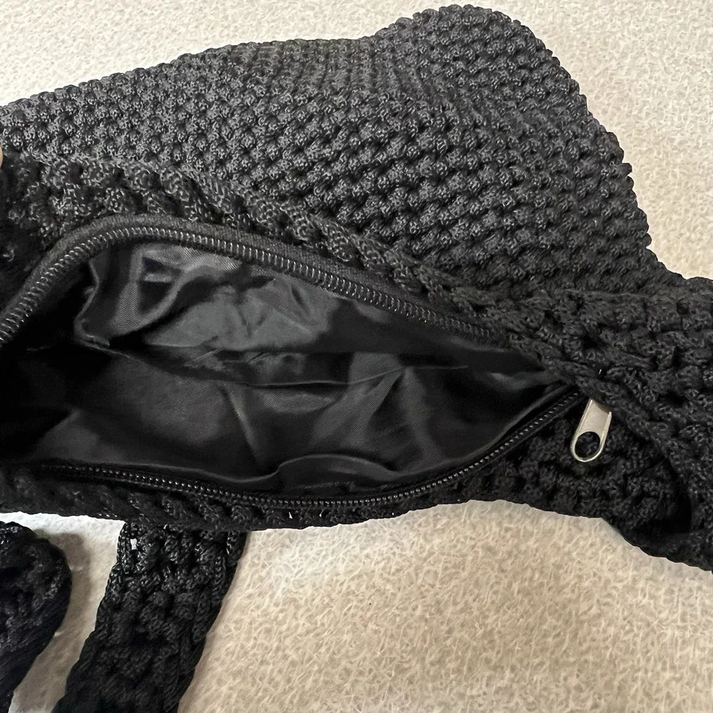 Black Crochet Knit Hobo Sack Beaded Handbag Flower Purse Zip‎ And Inside Pocket